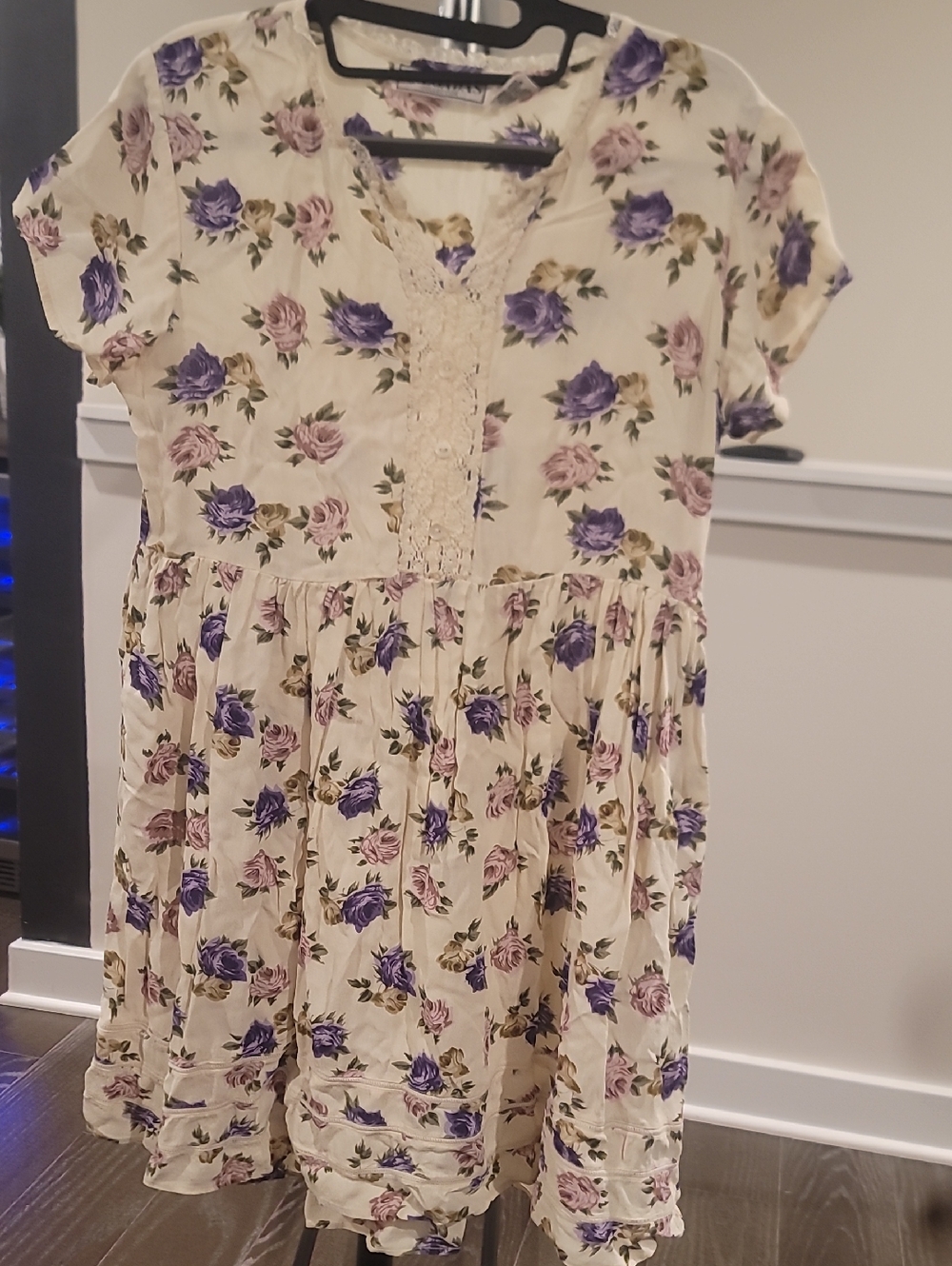 Cream Floral Lace-Trim Babydoll Dress - Purple & Pink Roses